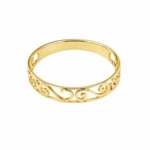 A gold ring featuring open curved shapes.
