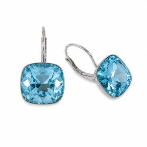 A pair of silver hook earrings featuring a square, bright blue stone.