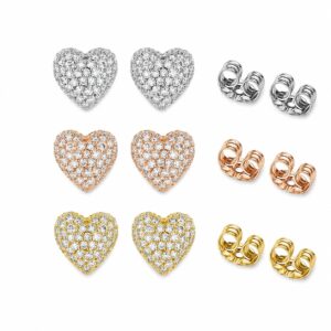 Three pairs of heart-shaped stud earrings, one silver, one rose gold and one gold, all fully paved with clear stones.