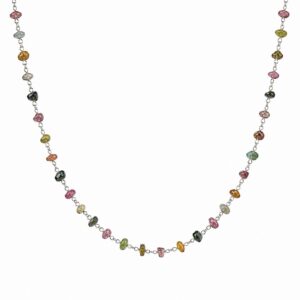chain necklace featuring evenly spaced small multi-coloured faceted beads.