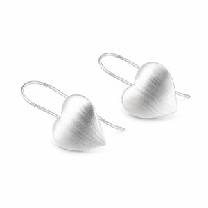 A pair of silver hook earrings featuring a solid heart shape.