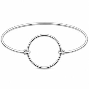 A thin silver bangle featuring a central circle design.