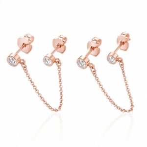 A pair of rose gold stud earrings featuring a single clear stone and a dangling chain