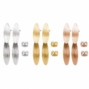 Three pairs of long, textured stud earrings in silver, gold, and rose gold, featuring a brushed finish