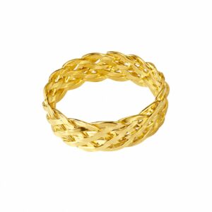 A gold ring featuring a braided shape.