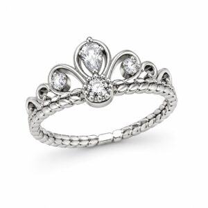 Angled silver CZ crown ring with teardrop and round stones on a braided band