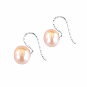 A pair of silver hook earrings featuring a pink pearl.