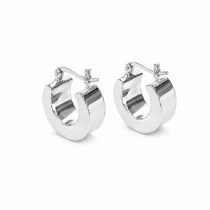 A pair of small, thick, smooth silver hoop earrings.