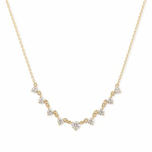 A delicate gold chain necklace featuring a centrepiece with small, clustered stones.