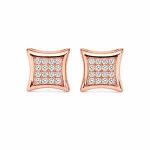 A pair of rose gold stud earrings featuring a curved square shape set with clear stones.