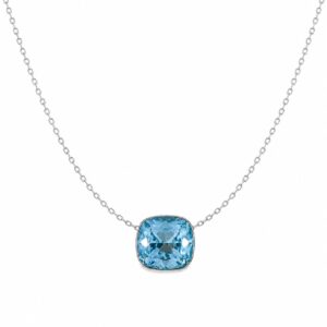 A silver chain necklace featuring a square, light blue stone pendant.