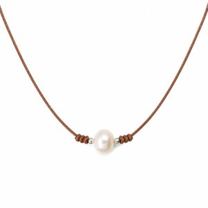 Brown Silk Rope necklace featuring a central freshwater pearl next to small silver beads and decorative wrapped knot details.