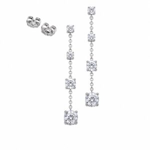 A pair of silver linear drop earrings featuring evenly spaced clear stones on a delicate chain.