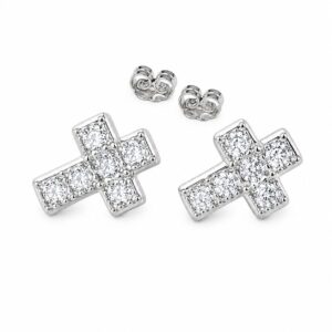 A pair of silver stud earrings shaped like crosses, set with clear stones, with butterfly backs.