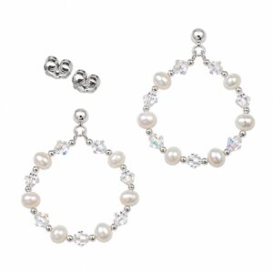 A pair of silver stud earrings featuring a hoop shape made of alternating small white pearls and clear beads, with butterfly backs.
