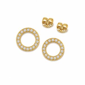 Gold circular hoop stud earrings set with small stones.