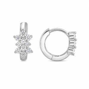 A pair of small silver hoop earrings featuring a front design of clustered clear stones arranged in a stylized vertical pattern.