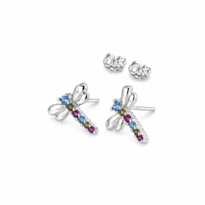 Silver dragonfly stud earrings with blue, pink and green CZ stones