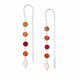 A pair of silver threader earrings featuring a chain and round coloured stones.
