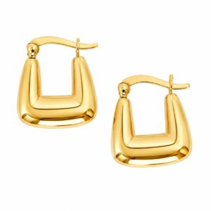 chunky gold hoop earrings with a squared or rectangular profile and lever-back closures.