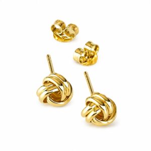 A pair of gold stud earrings featuring a twisted knot design, with butterfly backs.