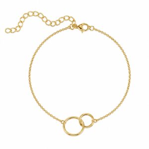 Gold chain bracelet featuring two interlocking circles and an adjustable clasp.