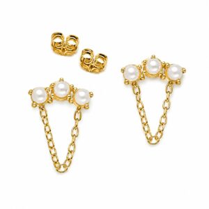 A pair of gold stud earrings featuring three white pearls, a dangling gold chain, and gold butterfly backs.