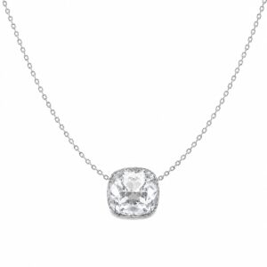 A silver chain necklace featuring a square, clear stone pendant.