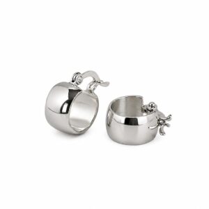 A pair of wide silver hoop earrings showing hinged clasps.