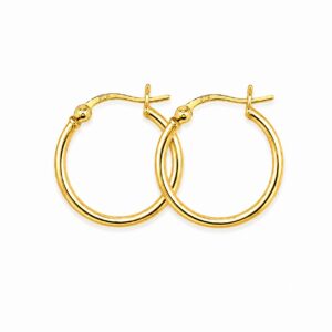 A pair of thin gold hoop earrings showing a latch closure.