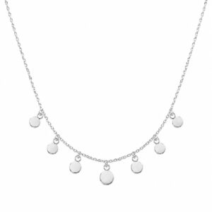 silver chain necklace featuring several evenly spaced, tiny, smooth round silver discs dangling as charms.