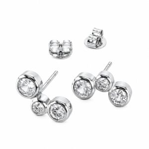 A pair of silver stud earrings featuring round clear stones