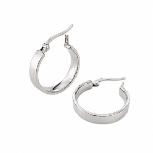 A pair of flat silver hoop earrings showing a latch closure.