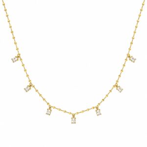 gold chain necklace featuring evenly spaced dangling rectangular clear stones.
