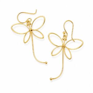 A pair of gold hook earrings featuring a wireframe dragonfly shape.