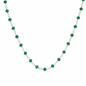 silver chain necklace featuring evenly spaced small green beads.