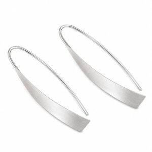 A pair of silver hook earrings featuring a flat, elongated curved shape.