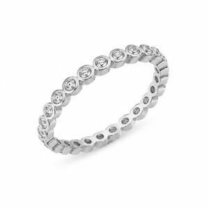 A silver ring featuring round clear stones.