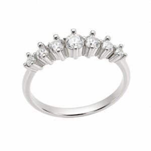 A silver ring featuring a graduated row of round clear stones.