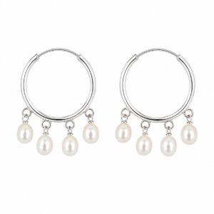 A pair of silver hoop earrings featuring dangling white pearls.