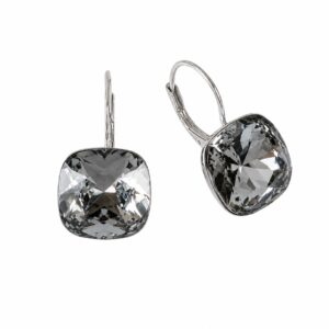 A pair of silver hook earrings featuring a square, dark grey stone.