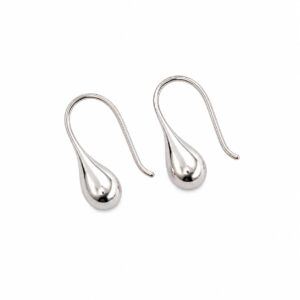 A pair of smooth, silver hook earrings with a teardrop shape at the bottom.