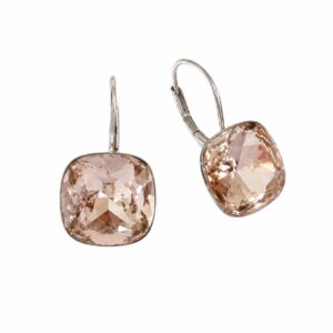 A pair of silver hook earrings featuring a square, light pink stone.