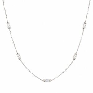 A delicate silver chain necklace featuring evenly spaced rectangular stones.