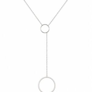 silver necklace featuring a central open circle and a vertical drop chain with an open circle