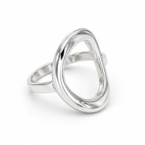 A silver ring featuring a smooth, abstract open circular design.