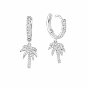 Silver CZ huggie earrings with dangling palm tree charms