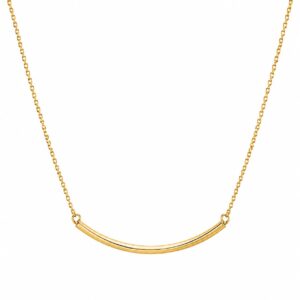 gold chain necklace featuring a curved bar pendant.