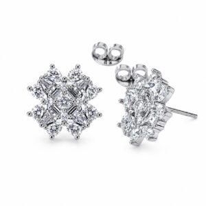 A pair of silver stud earrings featuring a cluster of clear stones in a floral shape, with butterfly backs.