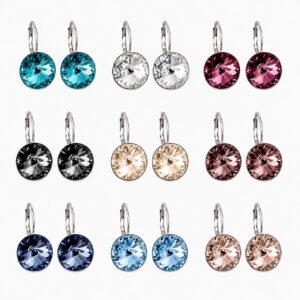 Six pairs of silver hook earrings, each featuring a circle stone in a different color.